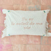 Housse de coussin Bonjour brodée soleil