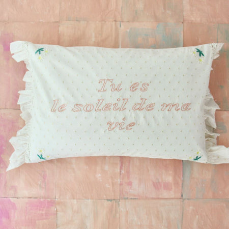 Housse de coussin Bonjour brodée soleil